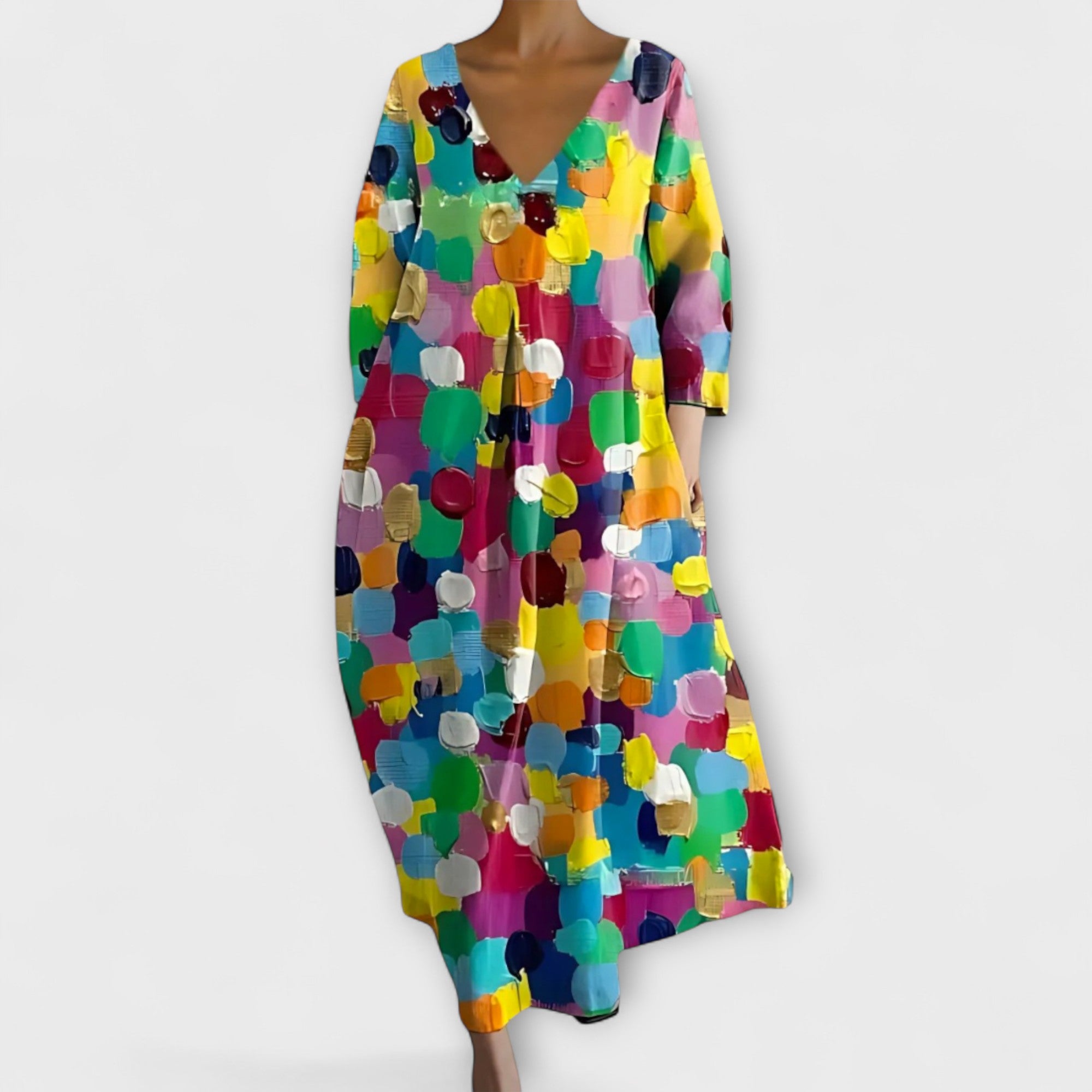 Fiona - Langes farbenfrohes Kleid mit V-Ausschnitt