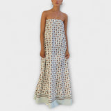 Hasel - Beiges Off-Shoulder-Maxikleid mit Punktmuster