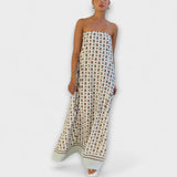 Hasel - Beiges Off-Shoulder-Maxikleid mit Punktmuster