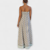 Hasel - Beiges Off-Shoulder-Maxikleid mit Punktmuster