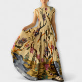 Amanda - Gelbes plissiertes Maxikleid mit Druck