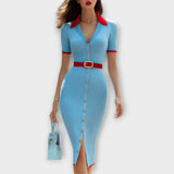 Sina - Babyblaues Rippstrick-Bleistiftkleid