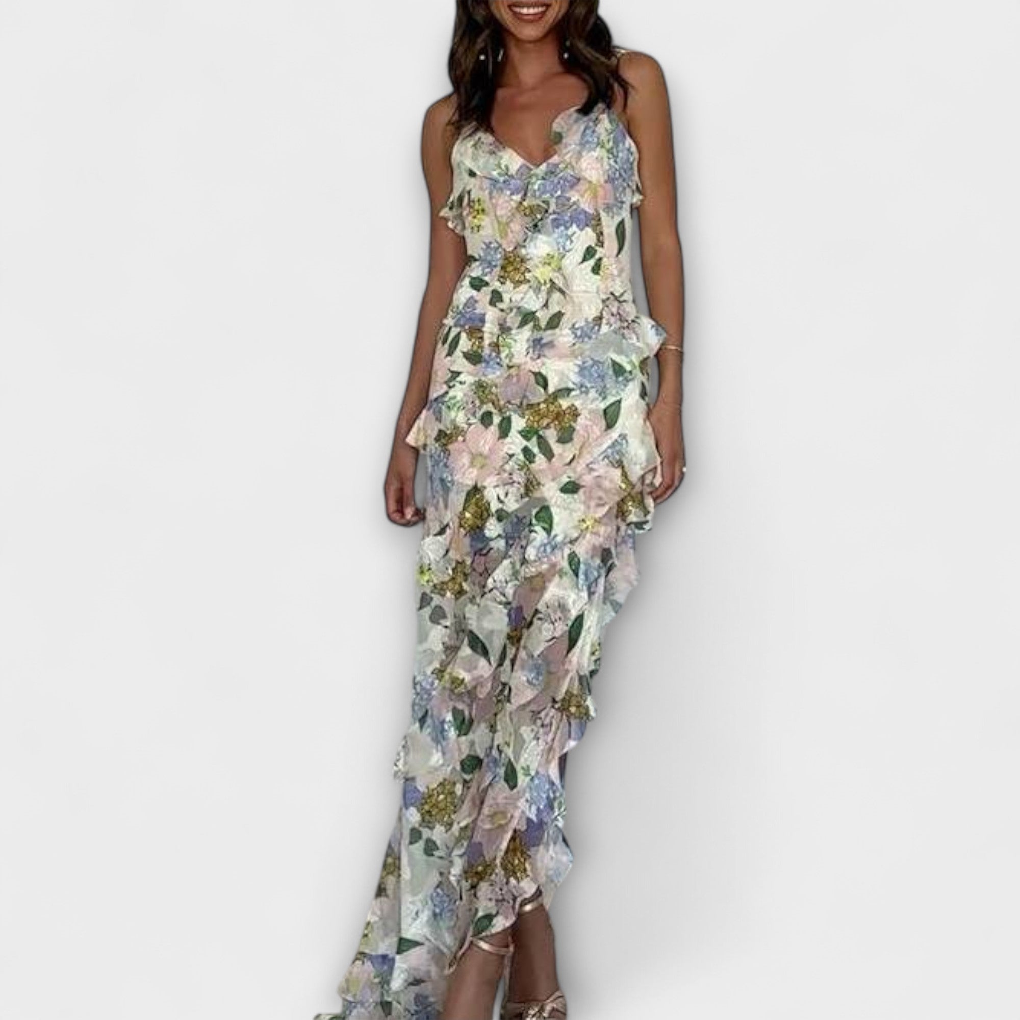 Indie - Buntes Maxikleid mit Blütendruck und Rüschen