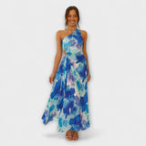 Sienna - Blaues Maxikleid mit Cut-Out und Aquarellmuster