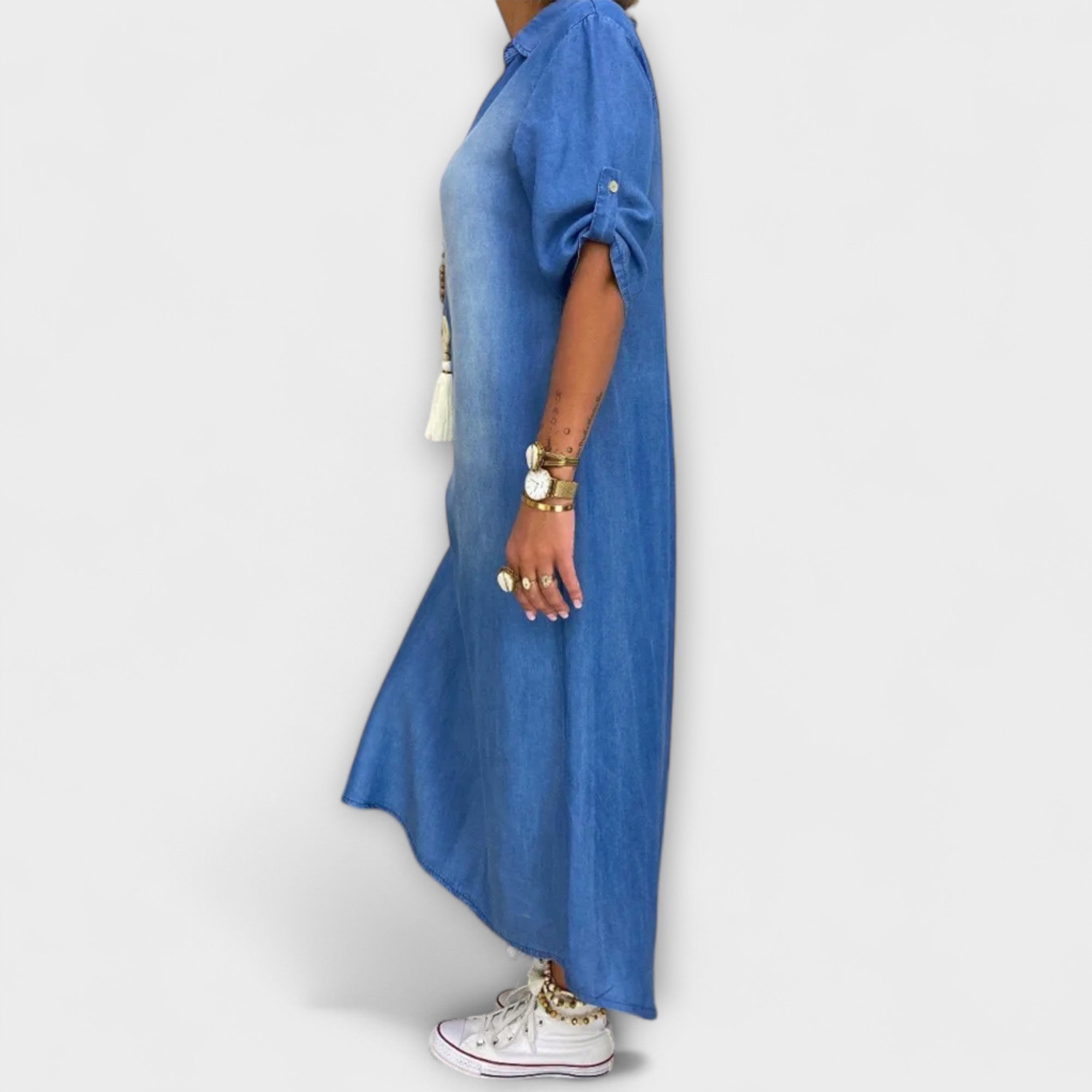 Lea - Blaues Denim-Look-Kleid mit Seitenschlitz