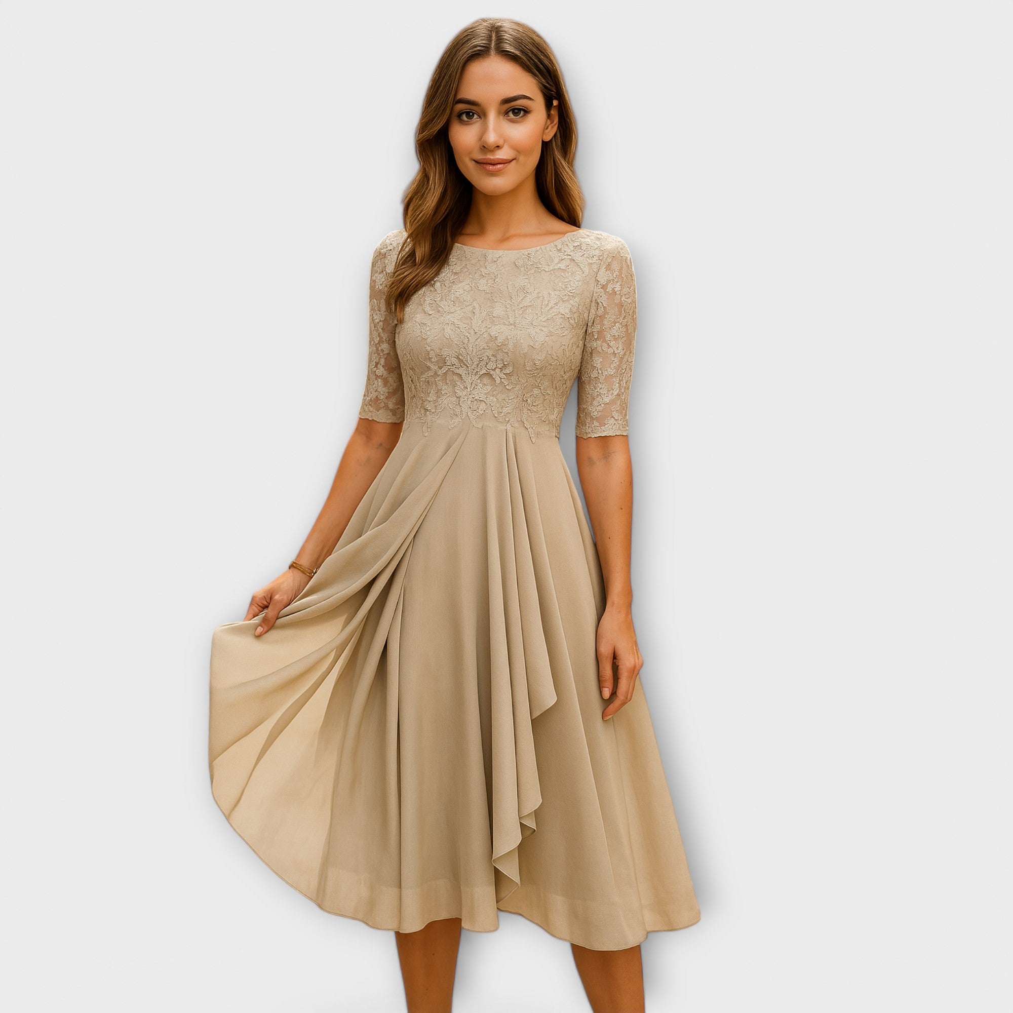 Petrolblaues Kleid für Hochzeitsgäste mit Spitze