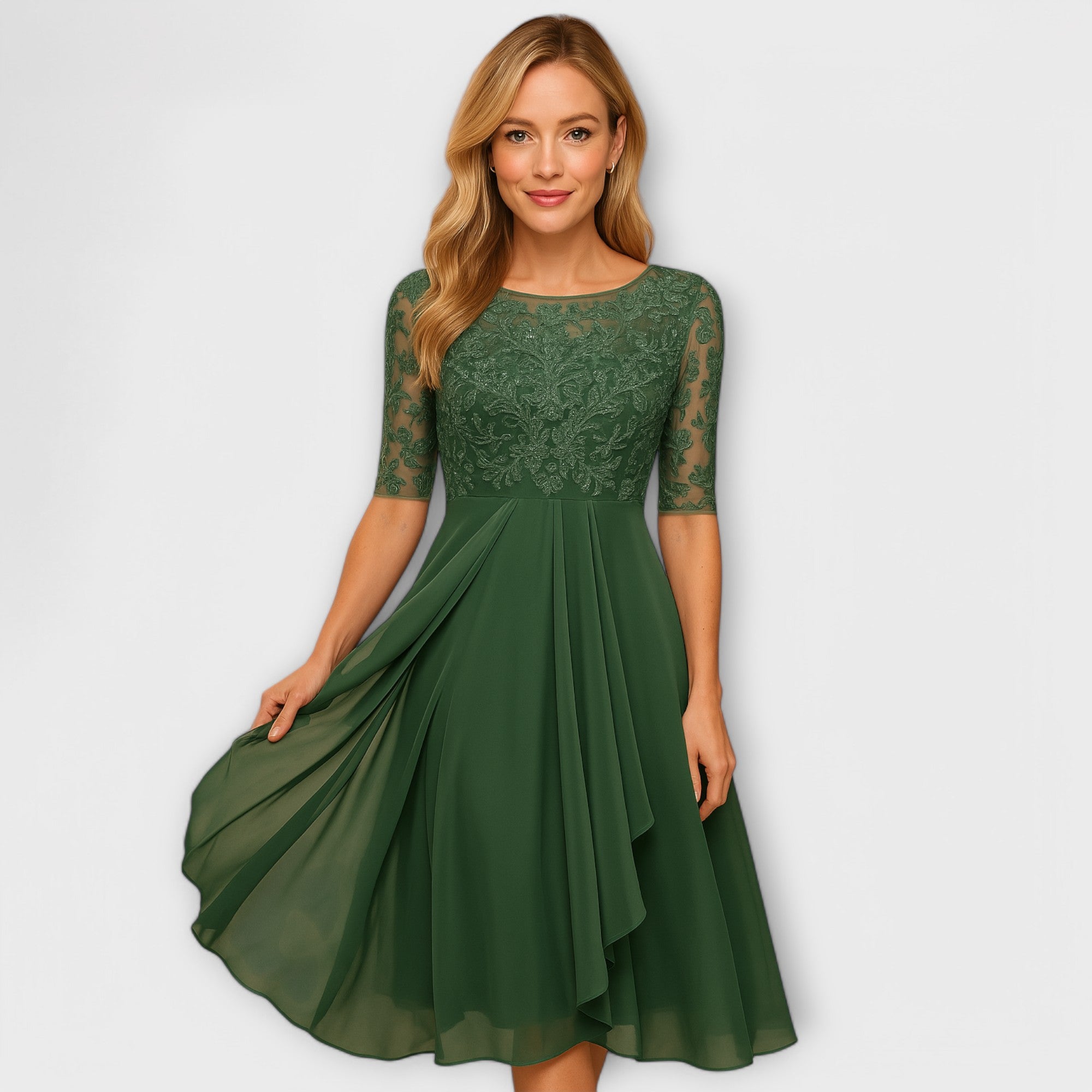 Petrolblaues Kleid für Hochzeitsgäste mit Spitze