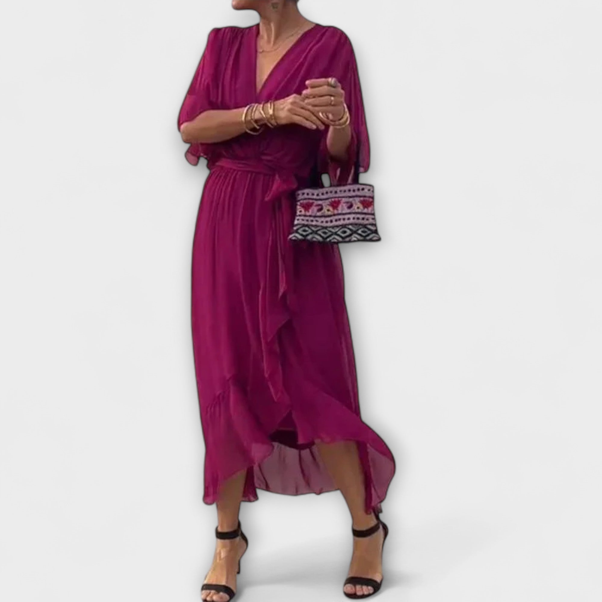 Amoura - Olivgrünes Chiffonkleid mit V-Ausschnitt