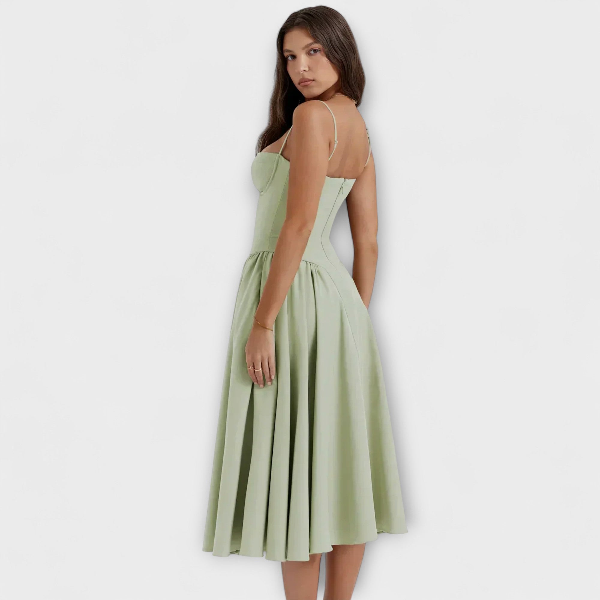 Rosalie - Salbeigrünes ärmelloses Korsettkleid