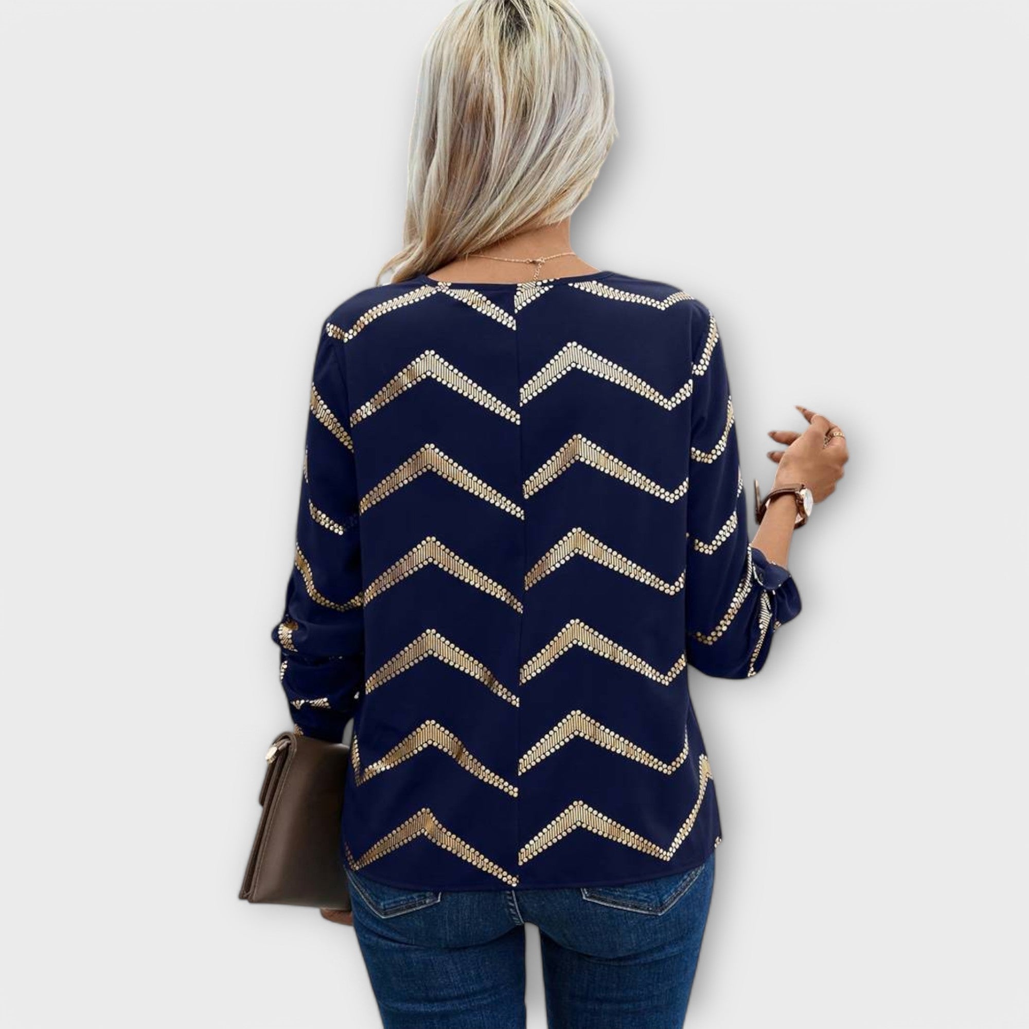 Emma - Dunkelblaue Bluse mit Gold-Zickzack