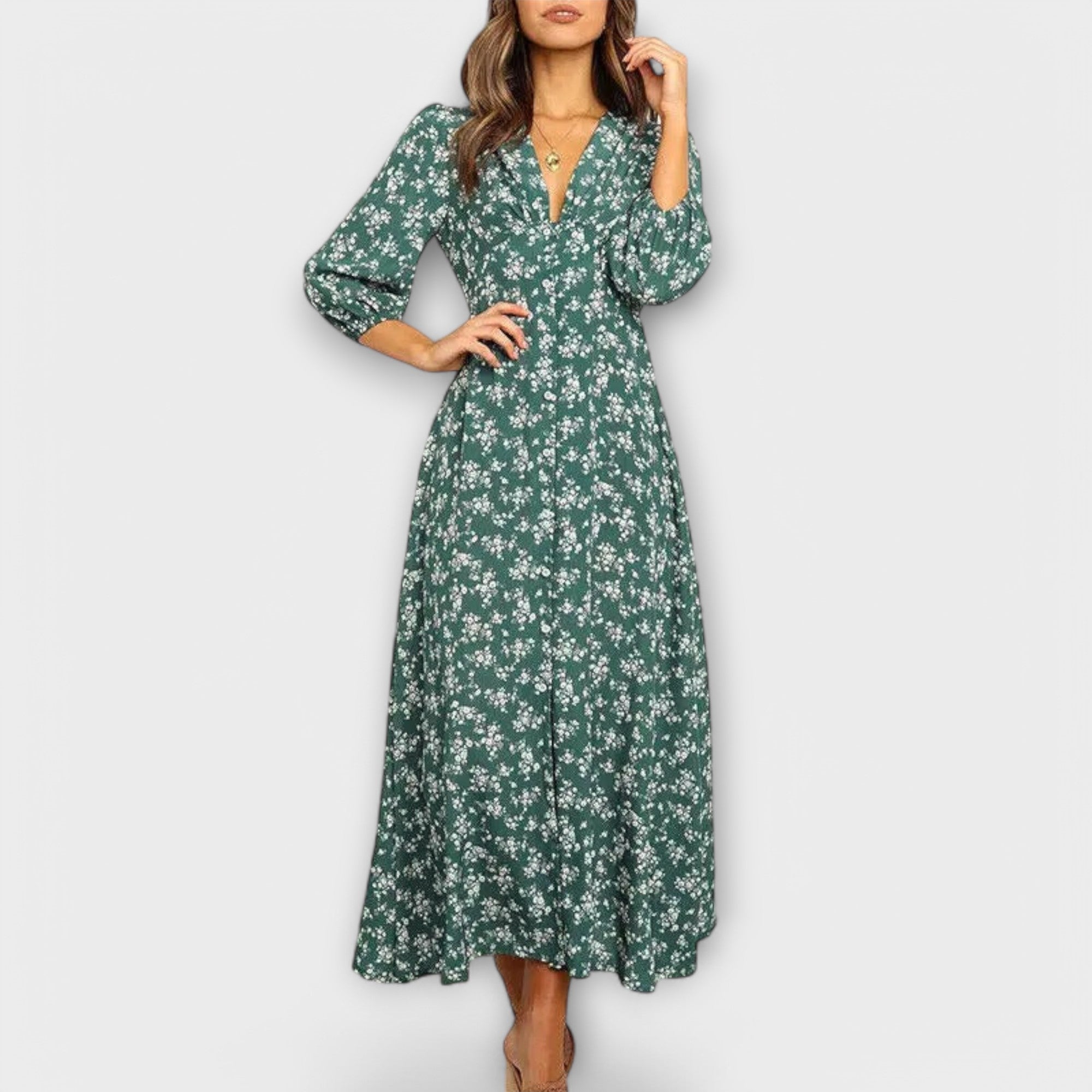 Blau-weisses Maxikleid mit Blütenmuster