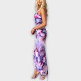 Pia - Lila Maxikleid mit Blütenmuster und Raffung