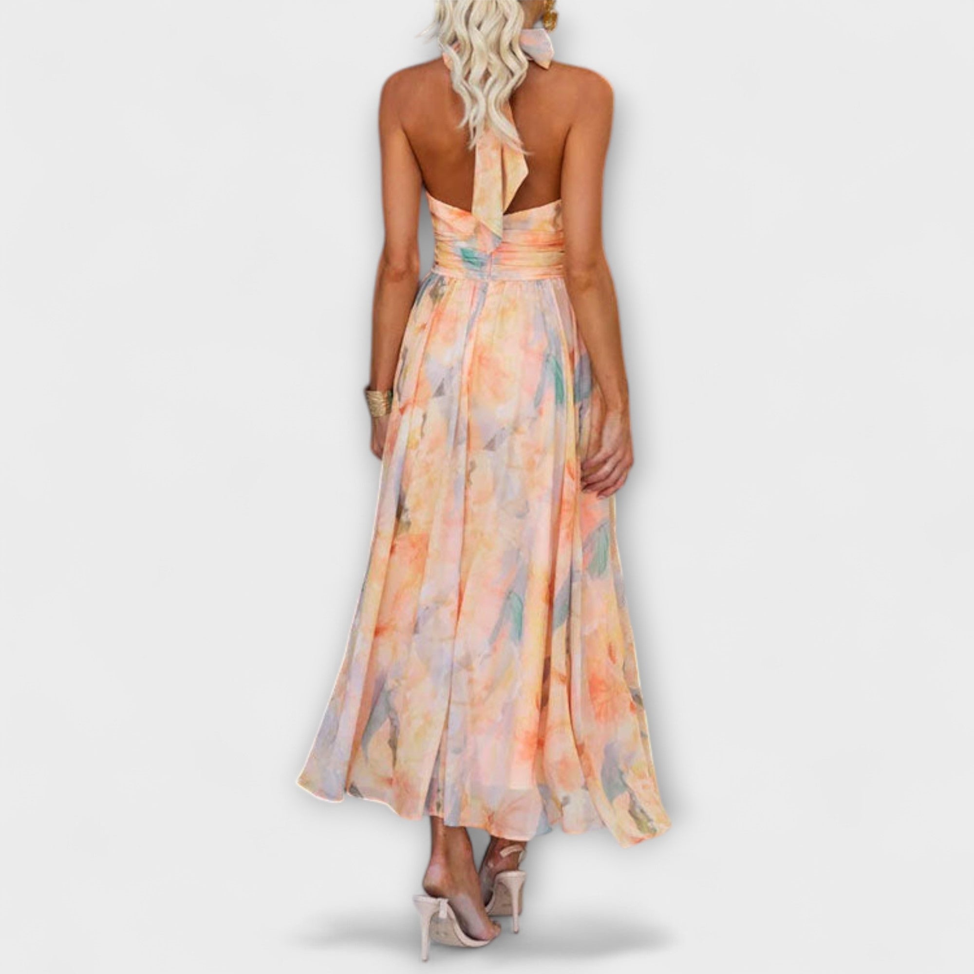 Buntes Halter-Maxikleid mit Aquarell-Print und Rückenausschnitt