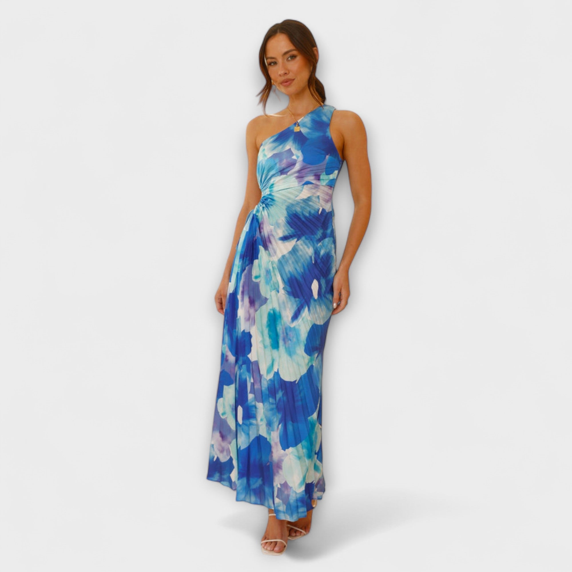 Sienna - Blaues Maxikleid mit Cut-Out und Aquarellmuster