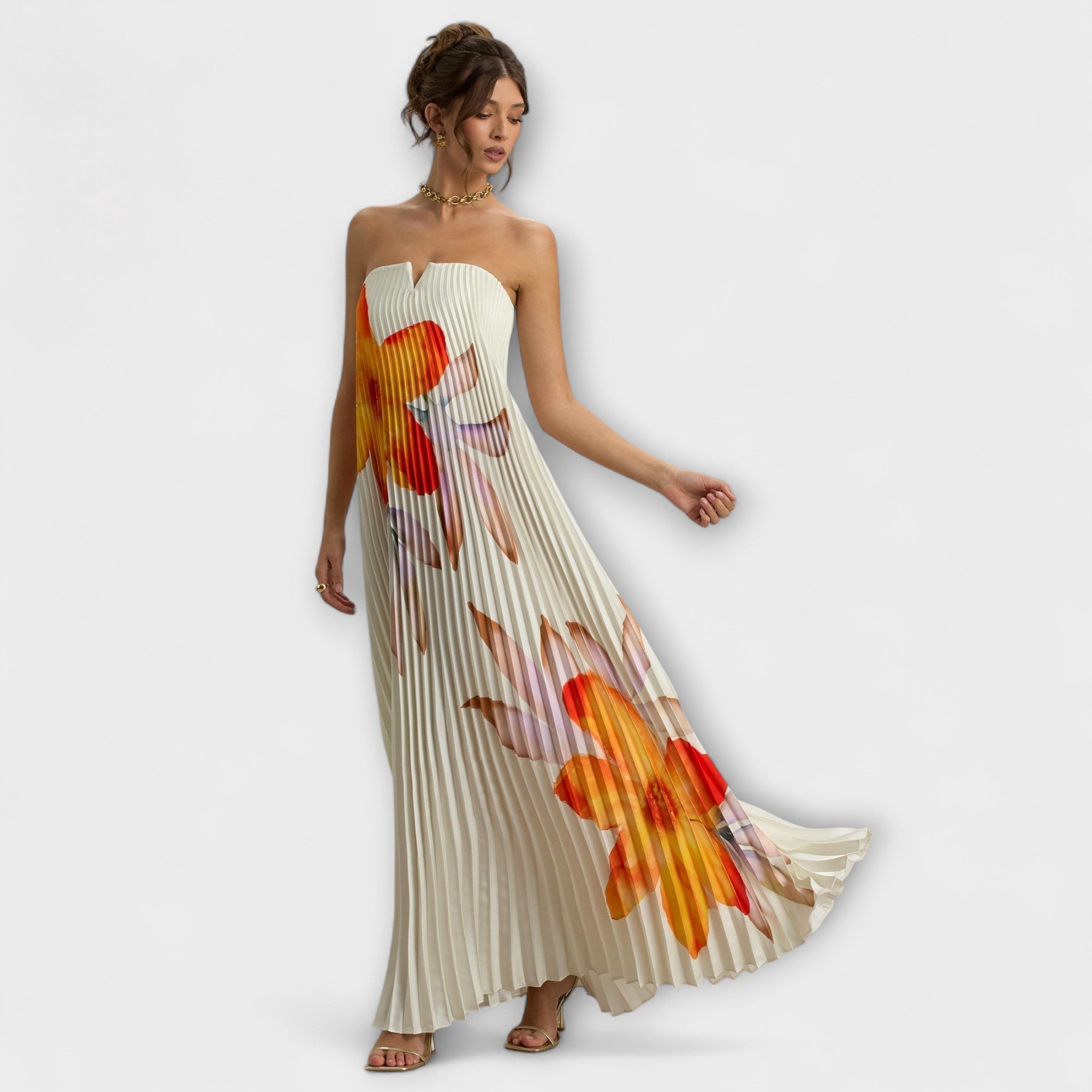 Michelle - Cremefarbenes Maxikleid mit orangem Blütenmuster