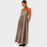 Beige-schwarzes gestreiftes Rüschen-Maxikleid