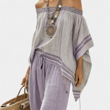 Natália - Graues Bohemian-Bardot-Ensemble mit lila Hose