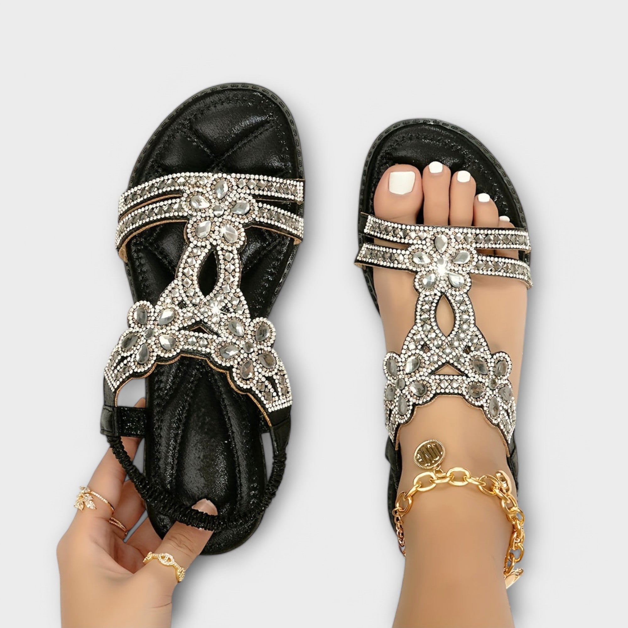Reinhilde - Türkise Boho-Sandalen mit Strass