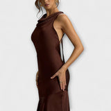 Lennon - Olivgrünes elegantes Satin-Maxikleid