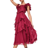 Elisa - Bordeauxrotes Kleid mit Rüschendetails