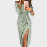 Lena - Graublaues Off-Shoulder-Kleid mit Schlitz