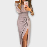 Lena - Graublaues Off-Shoulder-Kleid mit Schlitz