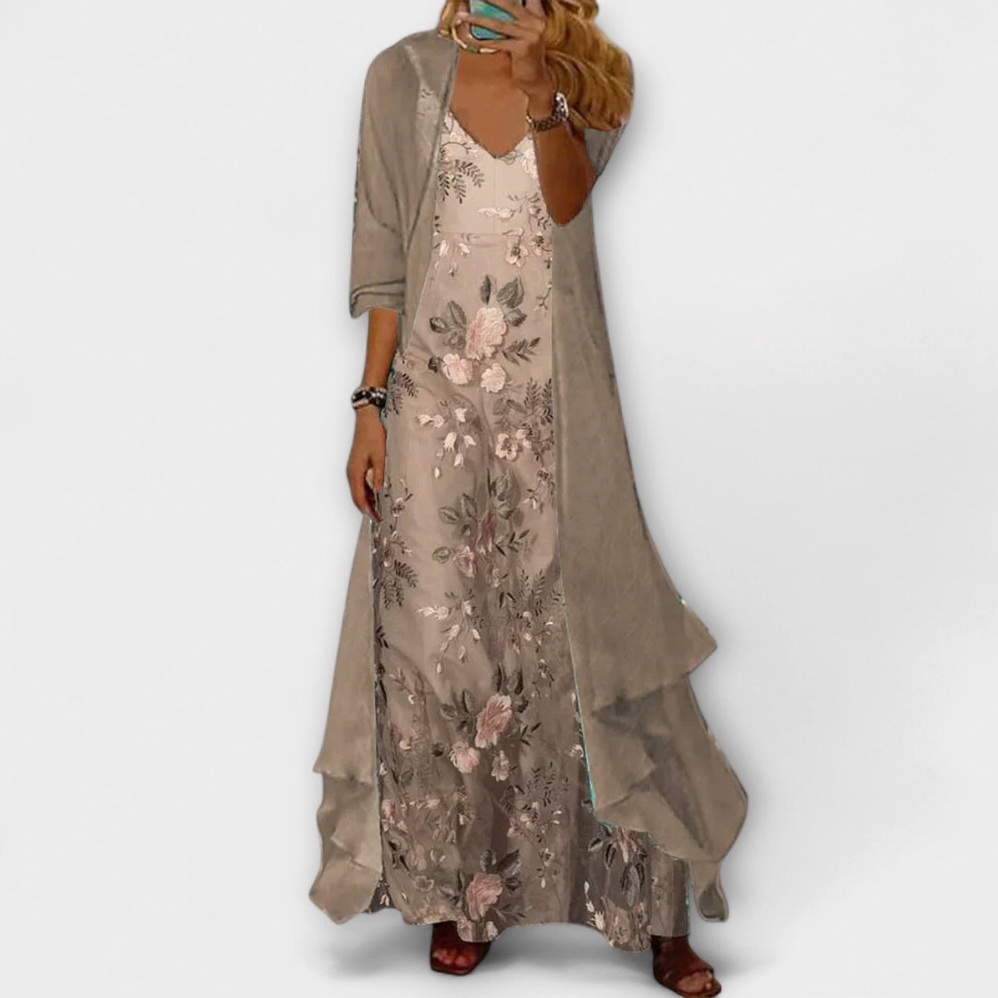 Mara - Graugrünes Maxikleid mit Jacke (2-teiliges Set)