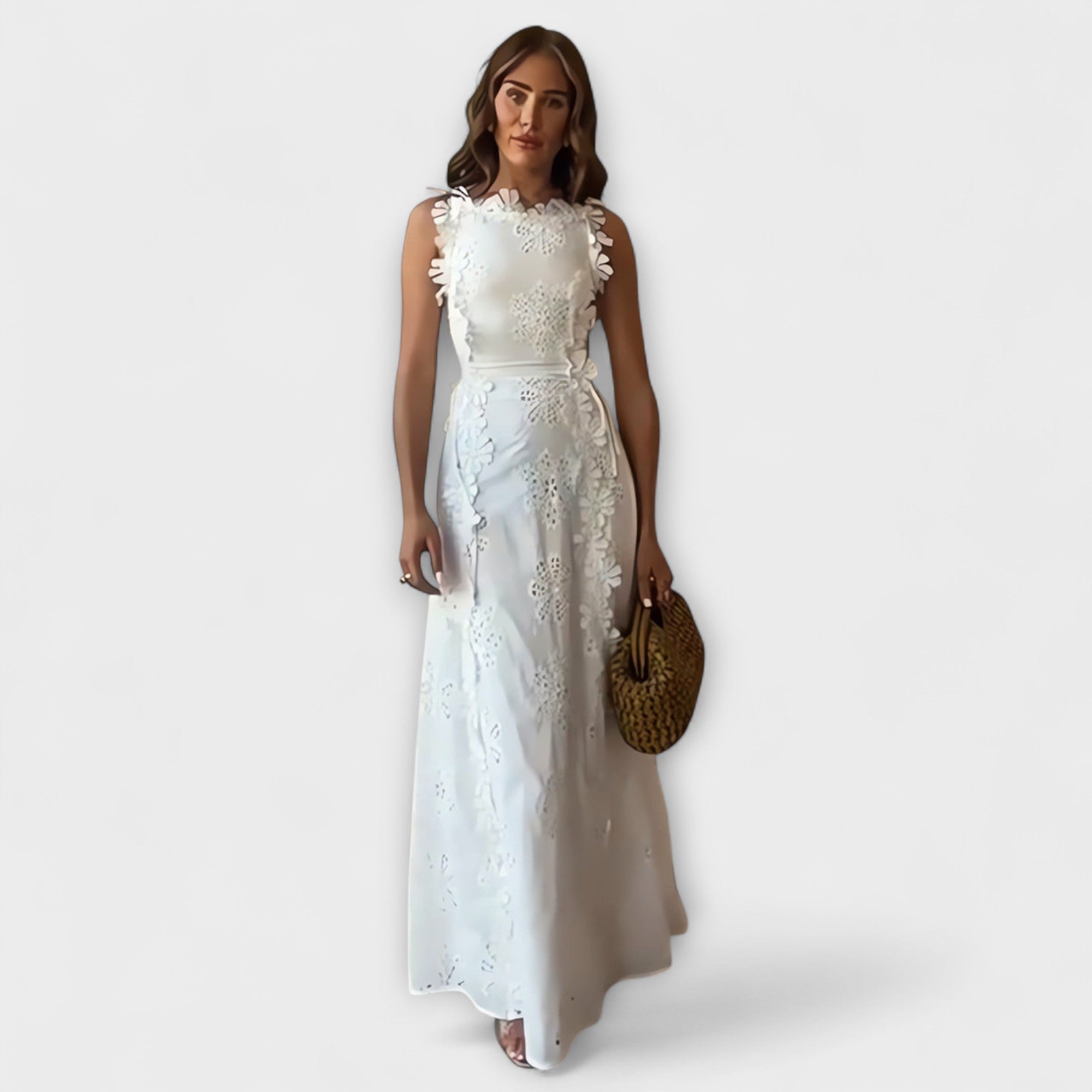 Éliora - Weisses Maxikleid mit Spitzenblumenmuster