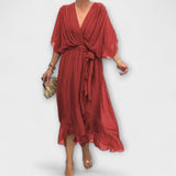 Amoura - Olivgrünes Chiffonkleid mit V-Ausschnitt