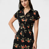 Glória - Schwarzes Midikleid mit Blütenmuster