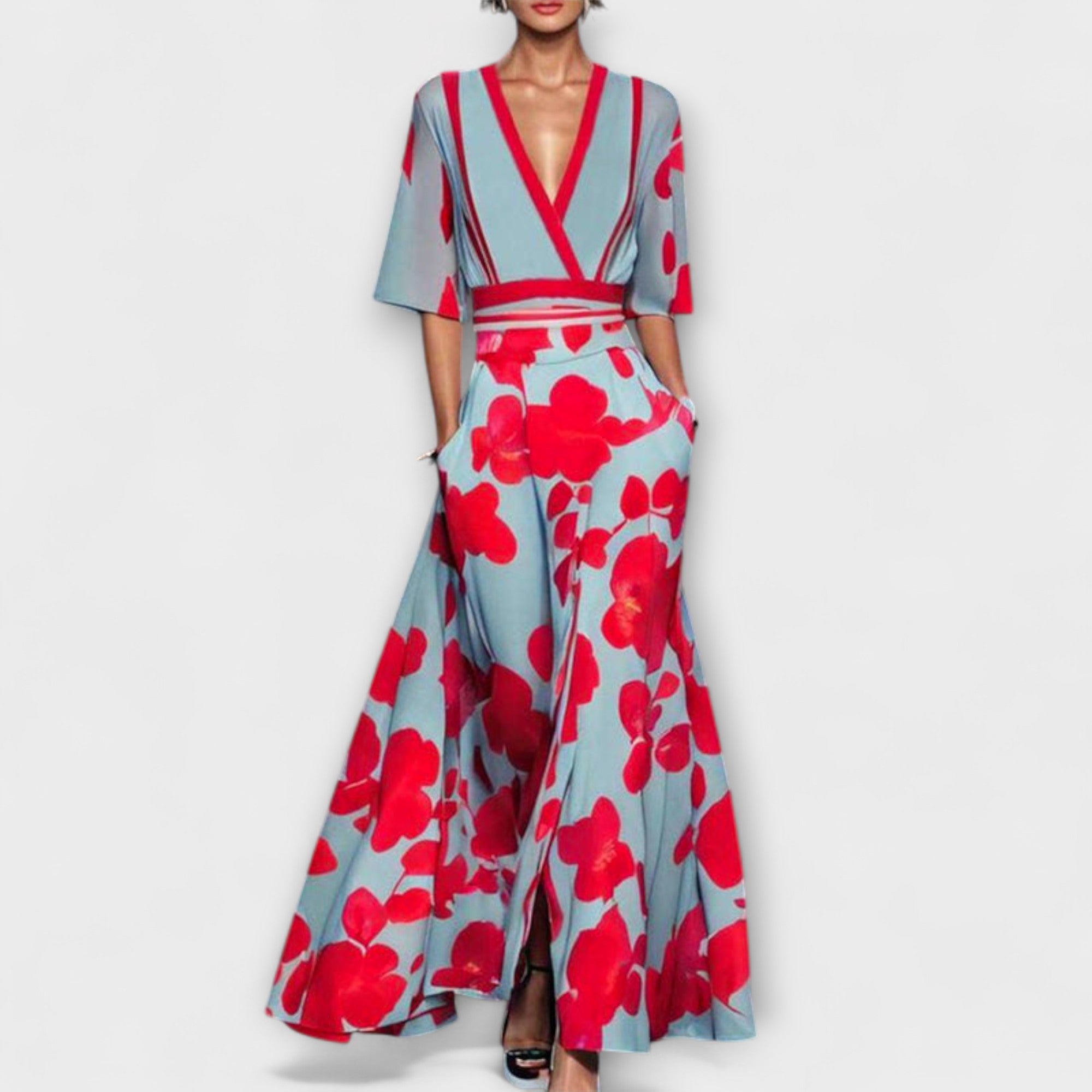 Alea - Buntes Kleid mit Rosenmuster und V-Ausschnitt