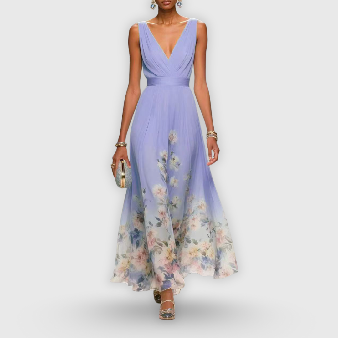 Cíntia - Hellblaues Sommerkleid mit Blütensaum