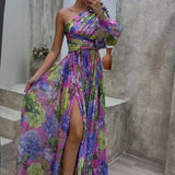 Whitney - Lila One-Shoulder-Maxikleid mit Blüten