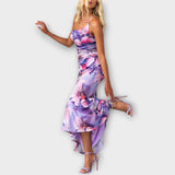 Pia - Lila Maxikleid mit Blütenmuster und Raffung