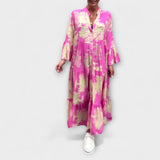Nerina - Beiges Maxikleid mit Aquarellmuster