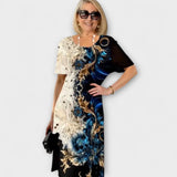 Barbara - Schwarz-blaues Kleid mit Sommerblütenmuster