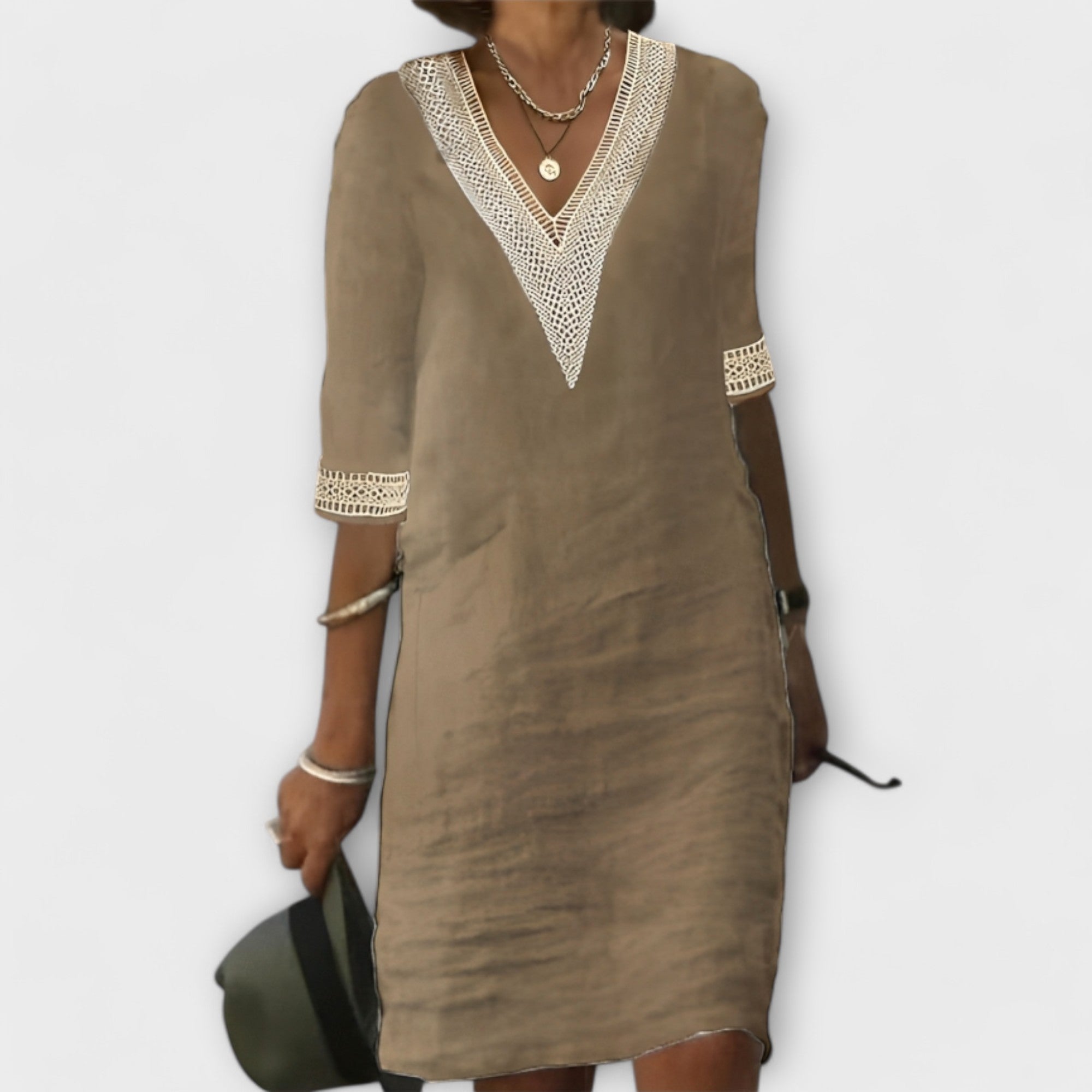 Weisses Leinenkleid mit Spitzen-V-Ausschnitt