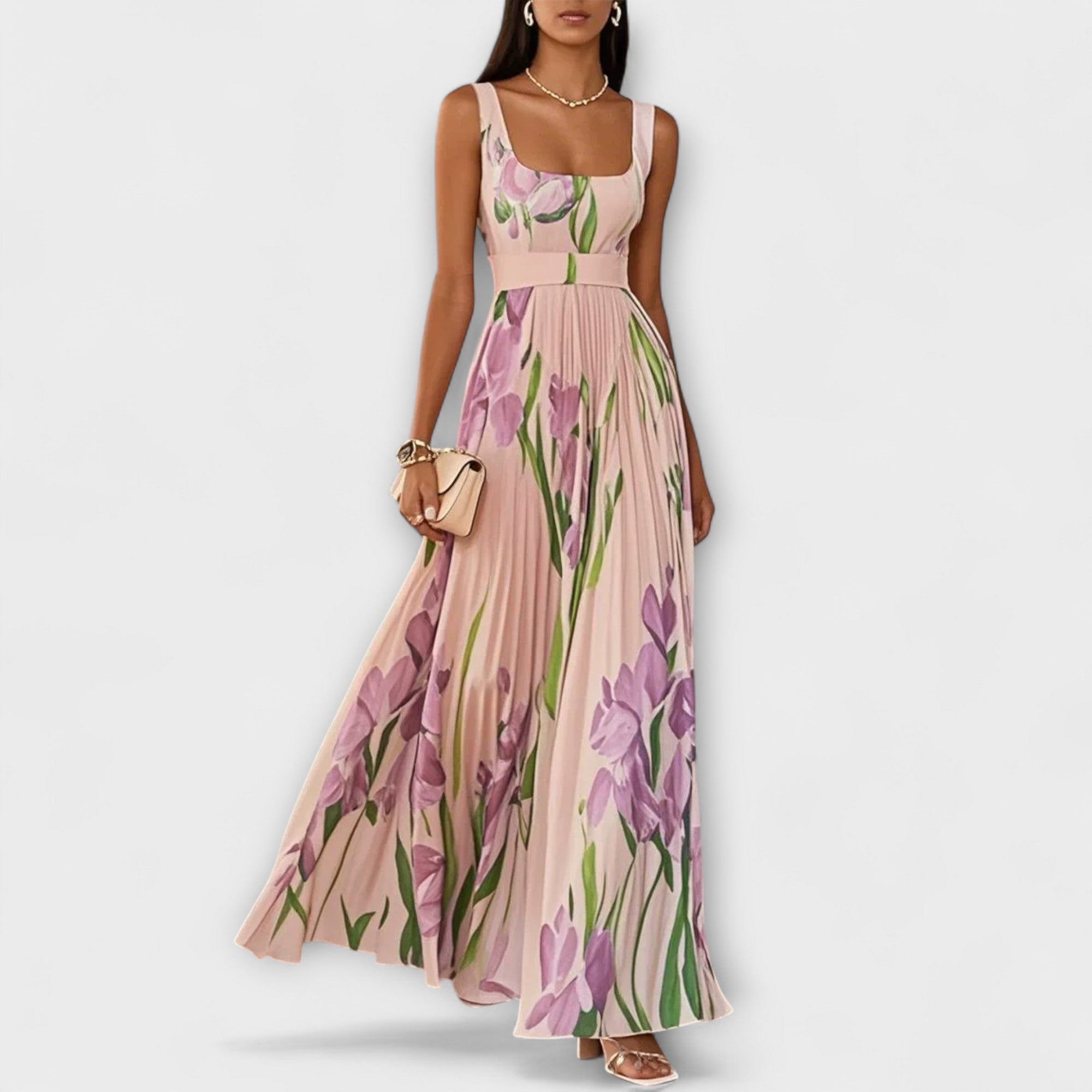 Gefaltetes florales Chiffon-Maxikleid in Creme