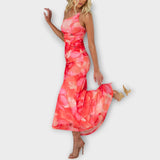 Pia - Lila Maxikleid mit Blütenmuster und Raffung