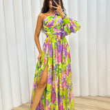 Whitney - Lila One-Shoulder-Maxikleid mit Blüten