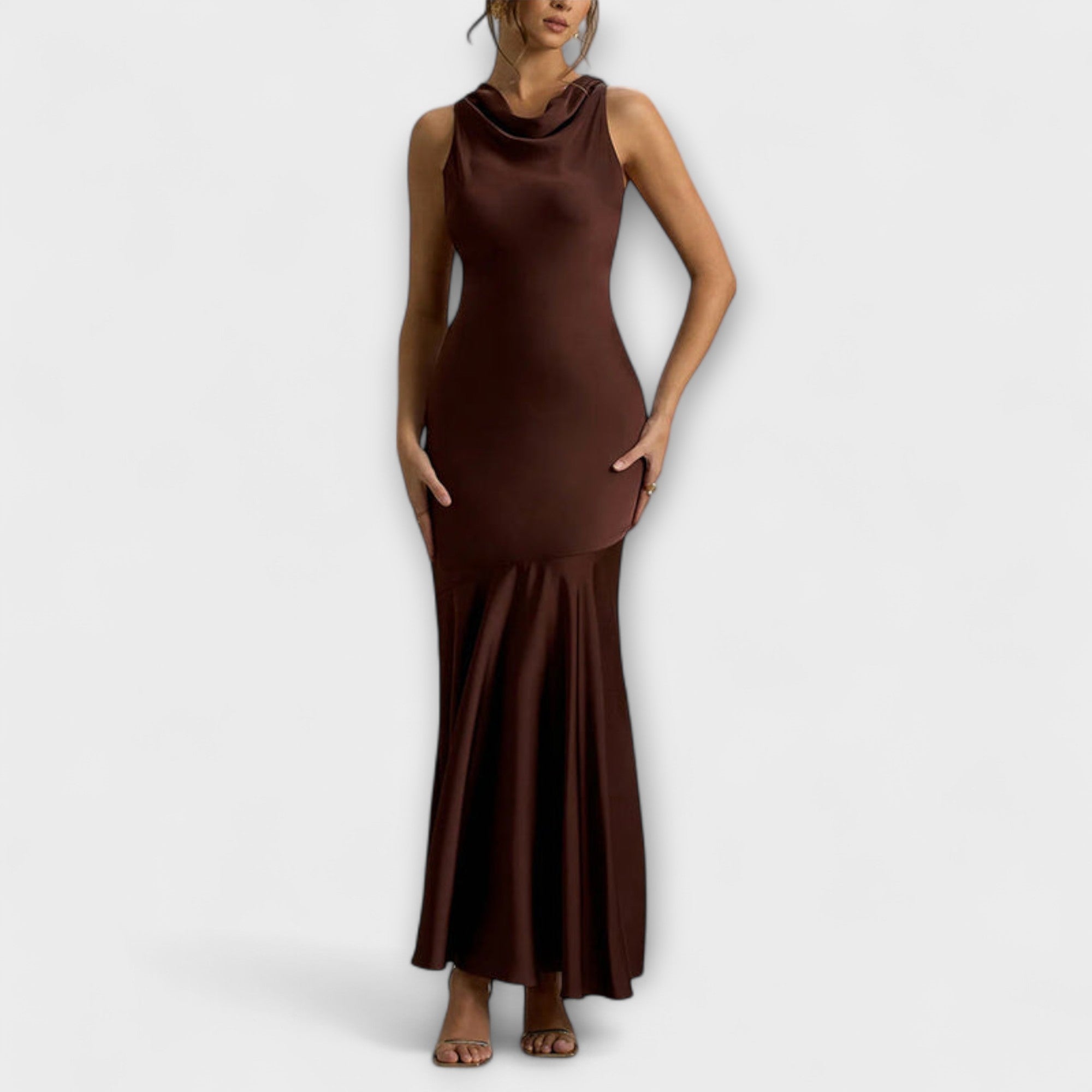 Lennon - Olivgrünes elegantes Satin-Maxikleid