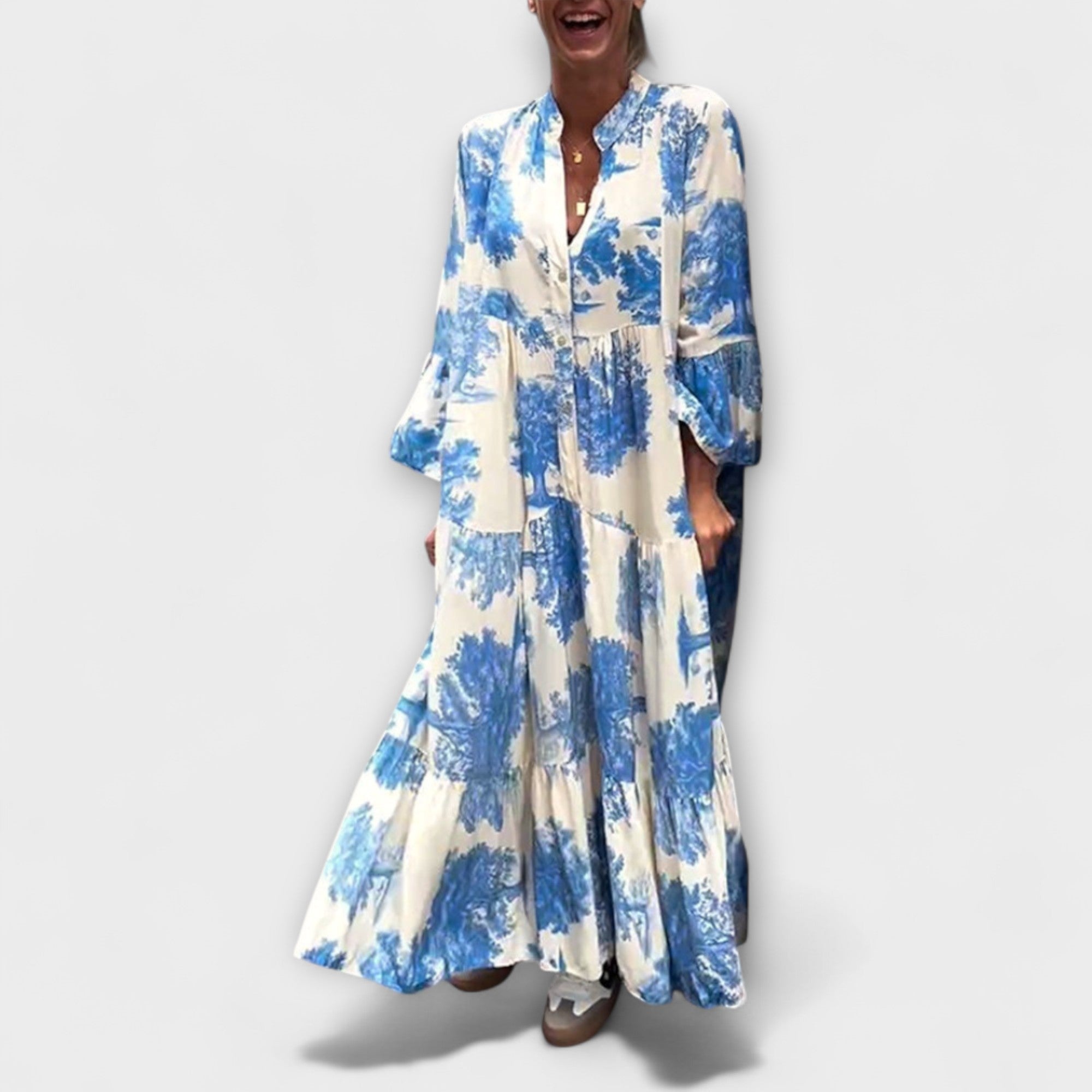 Nerina - Beiges Maxikleid mit Aquarellmuster