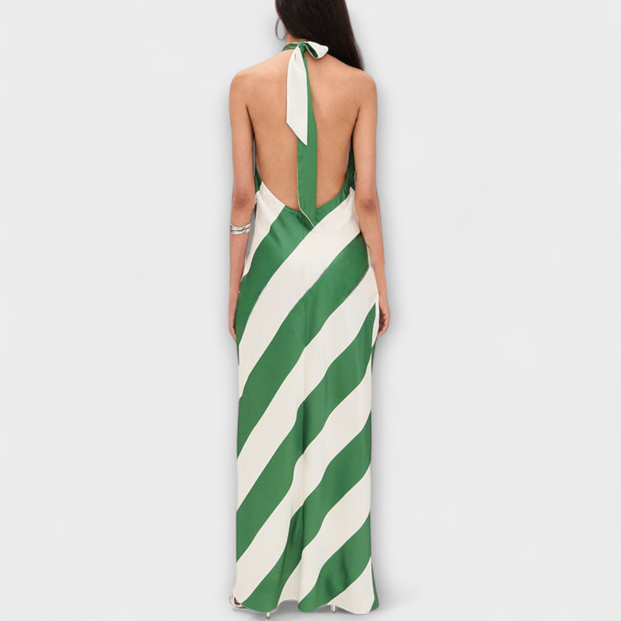 Marlowe - Grün-weisses gestreiftes Halter-Maxikleid