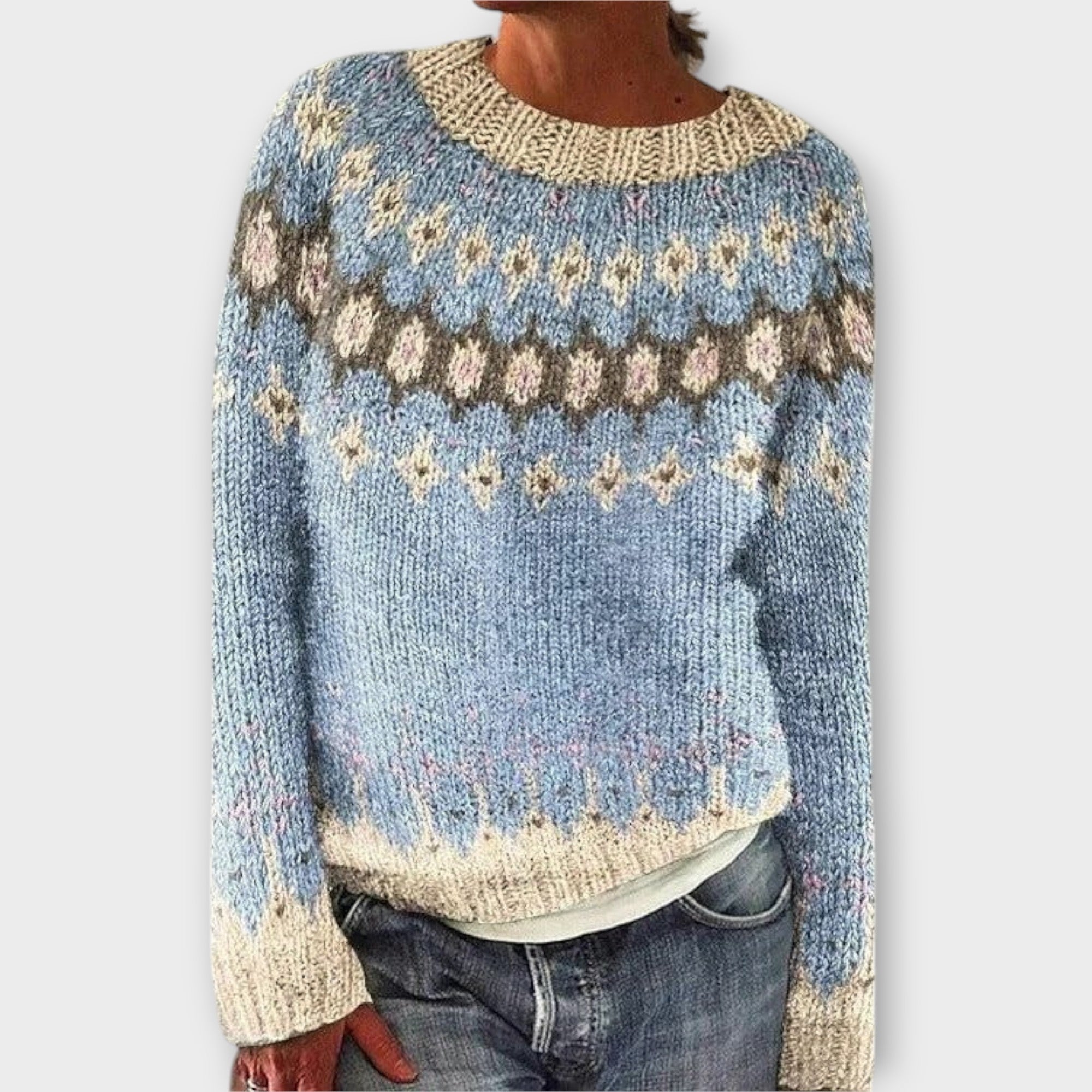 Devyn - Petrolfarbener kuscheliger Pullover mit Norweger-Muster