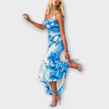 Pia - Lila Maxikleid mit Blütenmuster und Raffung