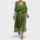 Amoura - Olivgrünes Chiffonkleid mit V-Ausschnitt
