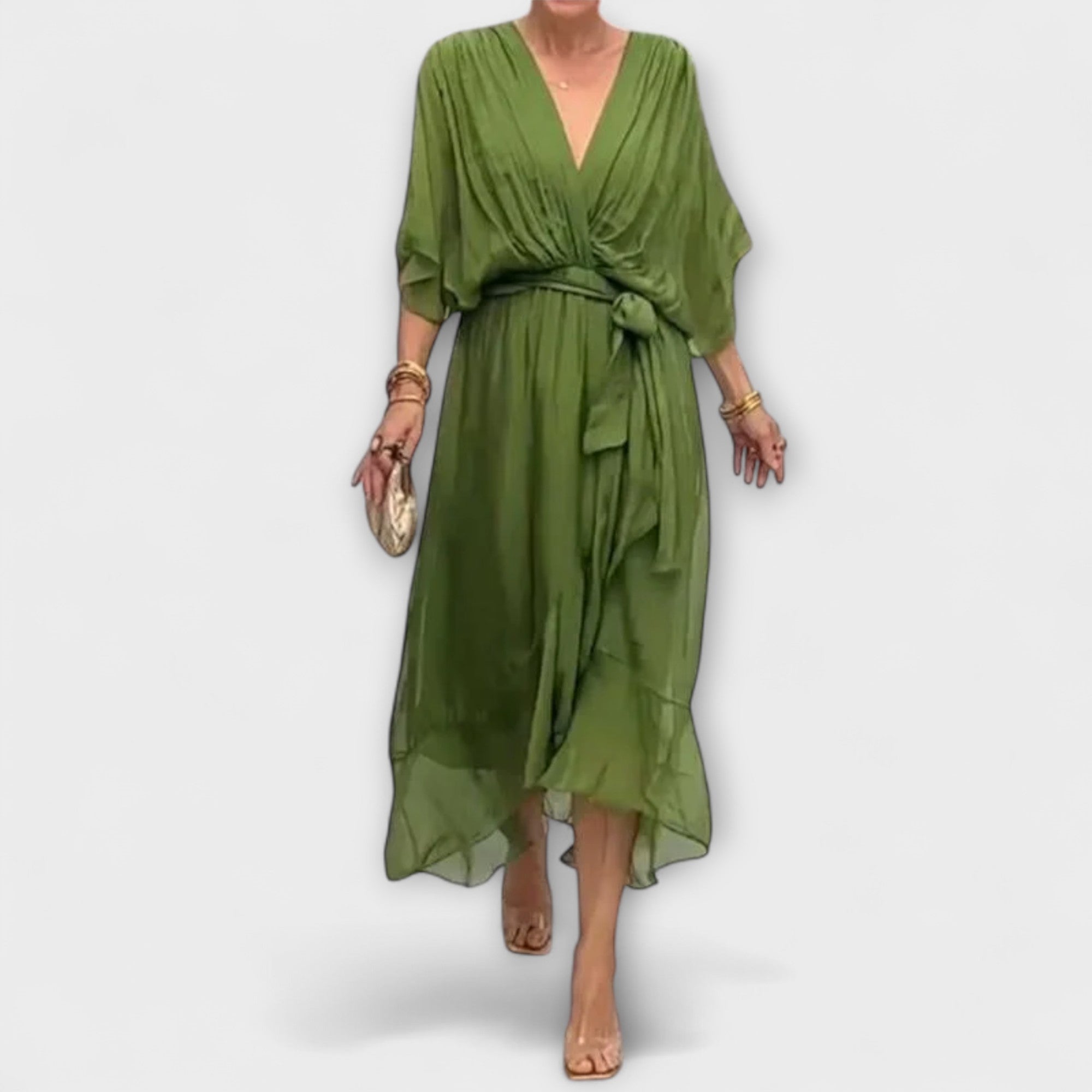 Amoura - Olivgrünes Chiffonkleid mit V-Ausschnitt