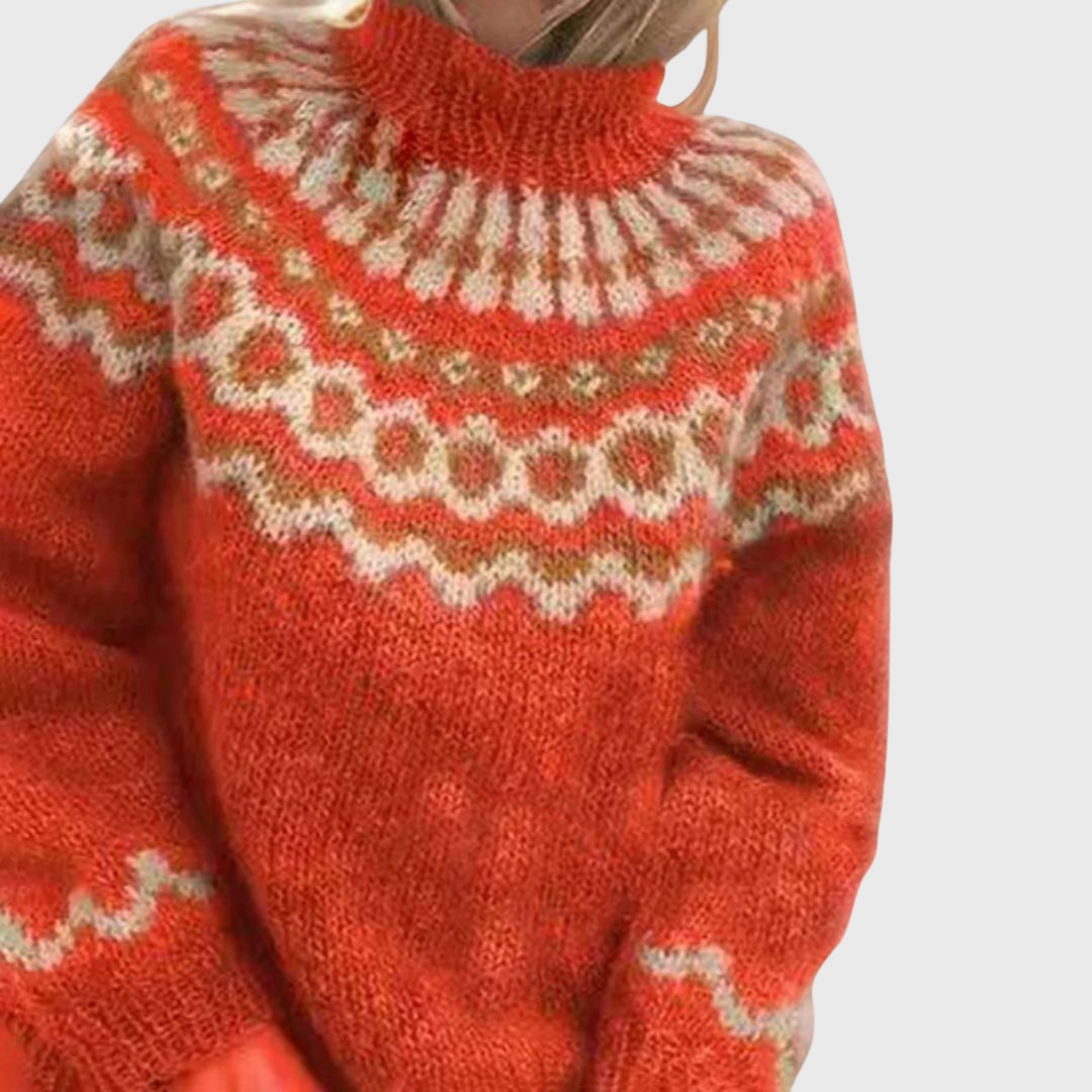 Sonja | Blauer Pullover mit Stehkragen und Norweger-Muster
