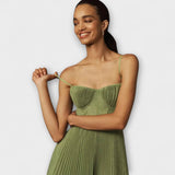 Marilyn - Olivgrünes Midikleid mit Bustier und Plissee