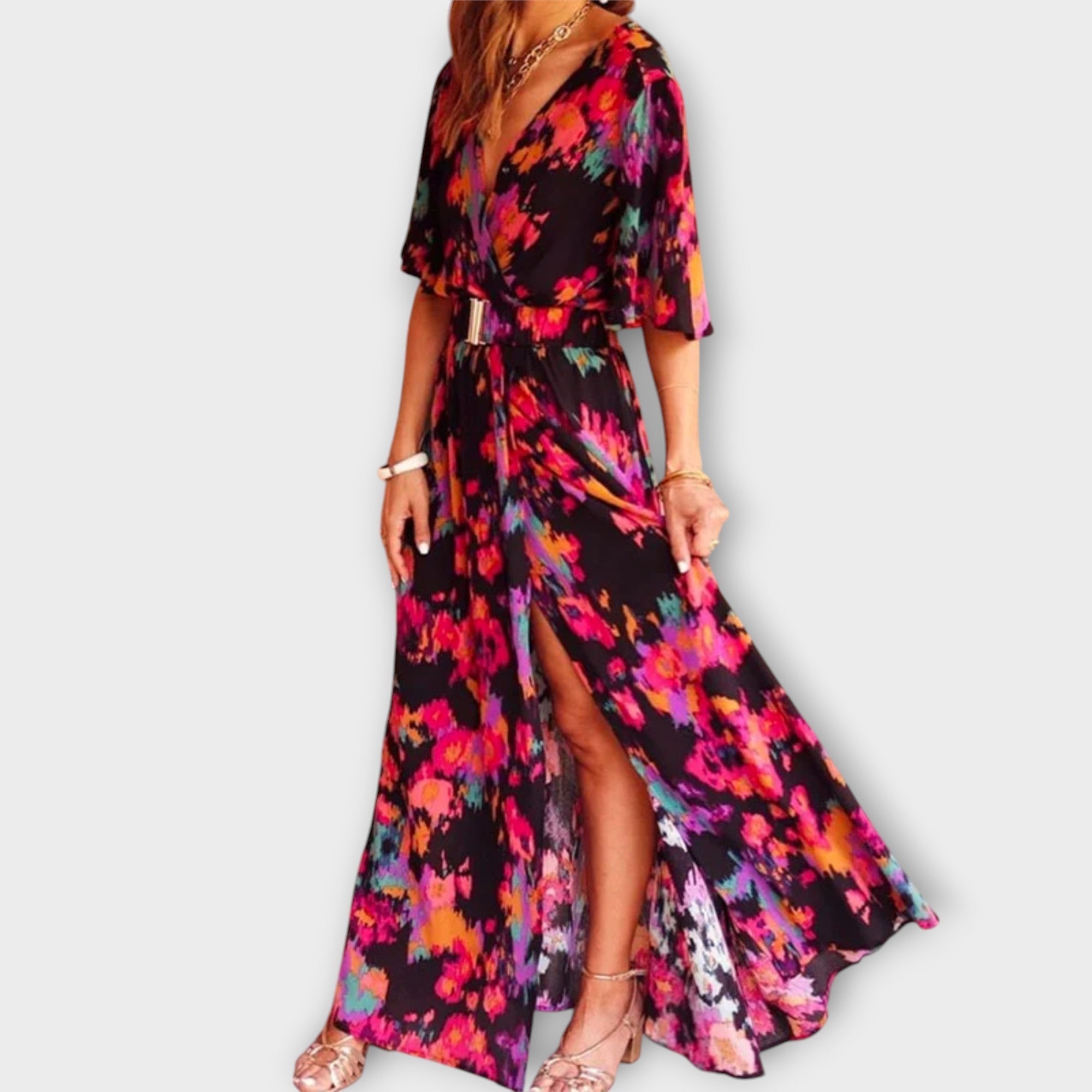 Sabine - Grünes Wickel-Maxikleid mit Print